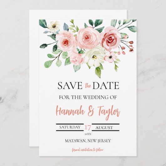 エレガント赤面ピンクのフローラは日付を保結婚存 招待状 (正面/裏面)