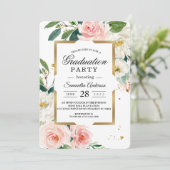 エレガント赤面ピンクのフローラ金ゴールドフレームとドロップ 招待状 (スタンド正面)