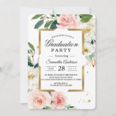 エレガント赤面ピンクのフローラ金ゴールドフレームとドロップ 招待状 (正面)