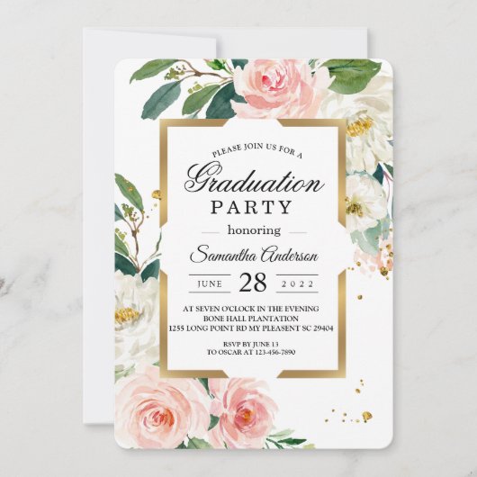 エレガント赤面ピンクのフローラ金ゴールドフレームとドロップ 招待状 (正面)