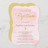 エレガント赤面ピンクの水の色と金ゴールドバプテスマ 招待状 (正面/裏面)