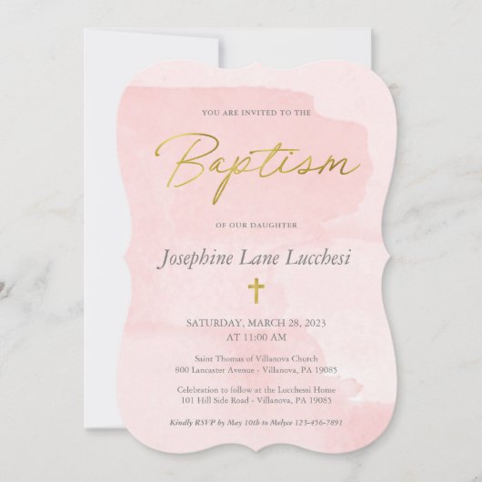 エレガント赤面ピンクの水の色と金ゴールドバプテスマ 招待状 (正面)
