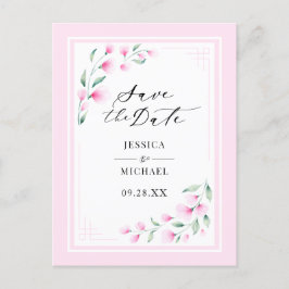 エレガント赤面ピンクの水色フローラ保存日付 インビテーションポストカード