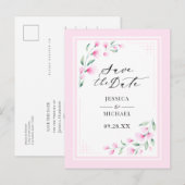 エレガント赤面ピンクの水色フローラ保存日付 インビテーションポストカード (正面/裏面)