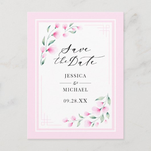 エレガント赤面ピンクの水色フローラ保存日付 インビテーションポストカード (正面)
