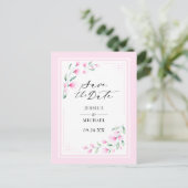エレガント赤面ピンクの水色フローラ保存日付 インビテーションポストカード (スタンド正面)
