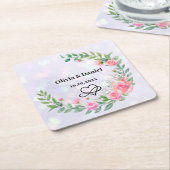 エレガント赤面ピンクの花ありがとうござ結婚う スクエアペーパーコースター (アングル)