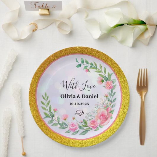 エレガント赤面ピンクの花ありがとうござ結婚う ペーパープレート (ウェディング)