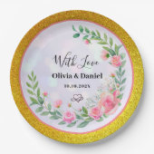 エレガント赤面ピンクの花ありがとうござ結婚う ペーパープレート (正面)