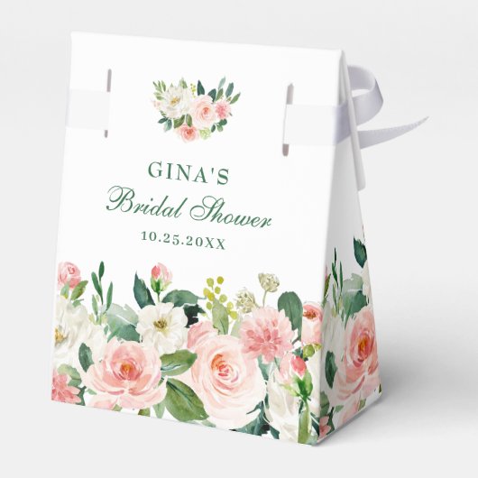 エレガント赤面ピンクの花の緑のブライダルシャワー フェイバーボックス (裏面サイド)