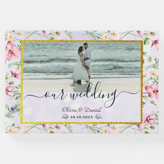 エレガント赤面ピンクの花ウォーター結婚カラー ゲストブック (正面)