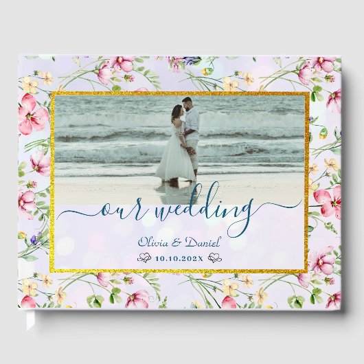 エレガント赤面ピンクの花ウォーター結婚カラー ゲストブック (正面)