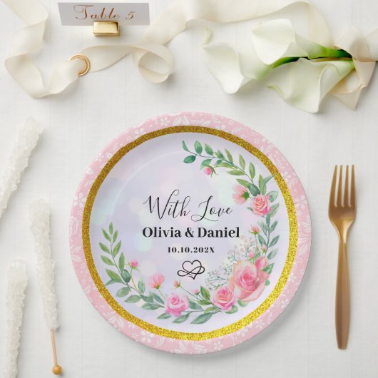 エレガント赤面ピンクの花ウォーター結婚カラー ペーパープレート (ウェディング)