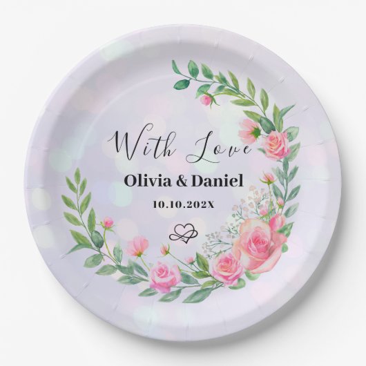 エレガント赤面ピンクの花ウォーター結婚カラー ペーパープレート (正面)