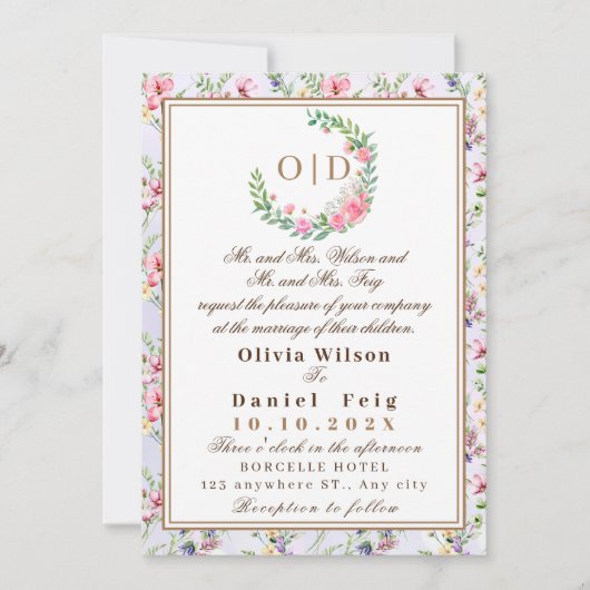 エレガント赤面ピンクの花ウォーター結婚カラー 招待状 (正面)