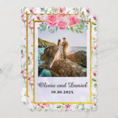 エレガント赤面ピンクの花ウォーター結婚カラー 招待状 (正面/裏面)