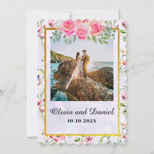 エレガント赤面ピンクの花ウォーター結婚カラー 招待状 (正面)