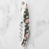 エレガント赤面ピンクの花ブラックパーティーワイン ソムリエナイフ (正面)