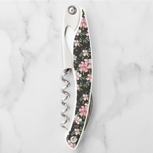 エレガント赤面ピンクの花ブラックパーティーワイン ソムリエナイフ (正面)