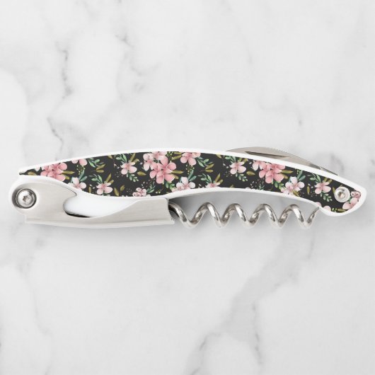 エレガント赤面ピンクの花ブラックパーティーワイン ソムリエナイフ (正面)