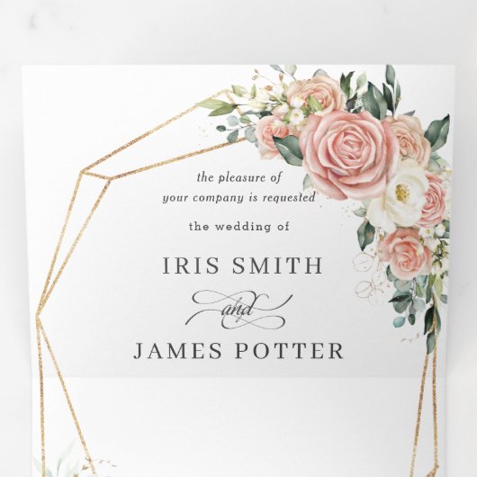 エレガント赤面ピンクアイボリーフローラウェディングRSVP 三つ折り招待状 (内部最初)