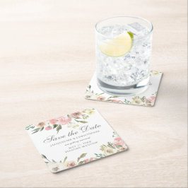 エレガント赤面ピンクアイボリーフローラ保存日付 スクエアペーパーコースター