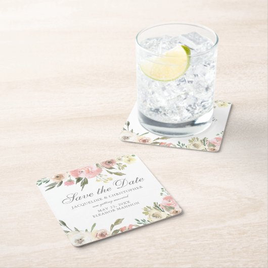 エレガント赤面ピンクアイボリーフローラ保存日付 スクエアペーパーコースター (インサイチュ)