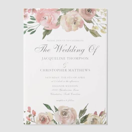 エレガント赤面ピンクアイボリーフローラ庭園の結婚式 ベラム紙招待状 (正面)
