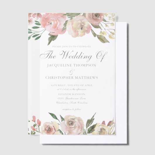 エレガント赤面ピンクアイボリーフローラ庭園の結婚式 ベラム紙招待状 (オフセット)