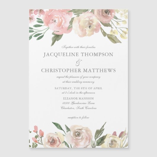 エレガント赤面ピンクアイボリーフローラ庭園の結婚式 マグネット招待状 (正面)
