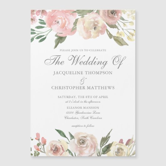 エレガント赤面ピンクアイボリーフローラ春の結婚式 マグネット招待状 (正面)