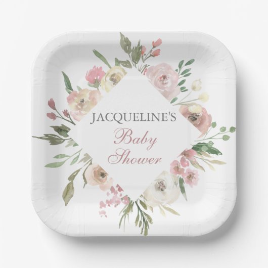 エレガント赤面ピンクアイボリーフローラ春ベビーシャワー ペーパープレート (正面)