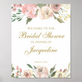 エレガント赤面ピンクアイボリー金ゴールドフローラブライダルシャワー ポスター (正面)