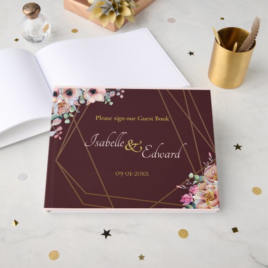 エレガント赤面ピンクアネモネフローラ幾何学模様 ゲストブック (正面見開き)