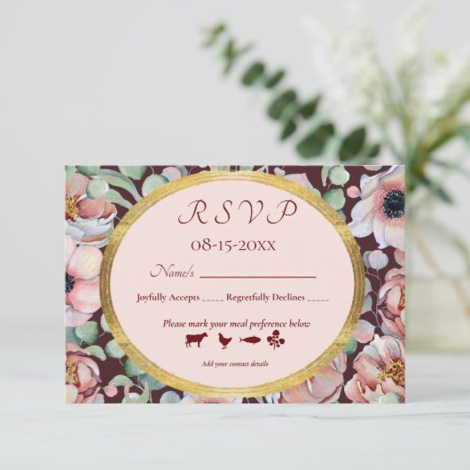 エレガント赤面ピンクアネモネフローラ幾何学模様 出欠カード (スタンド正面)