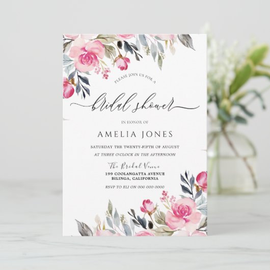 エレガント赤面ピンクウォーターカラーフローラブライダルシャワー 招待状 (スタンド正面)