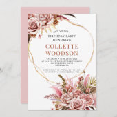 エレガント赤面ピンクウォーターカラーフローラ誕生日 招待状 (正面/裏面)