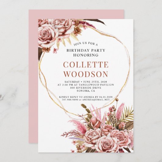 エレガント赤面ピンクウォーターカラーフローラ誕生日 招待状 (正面/裏面)