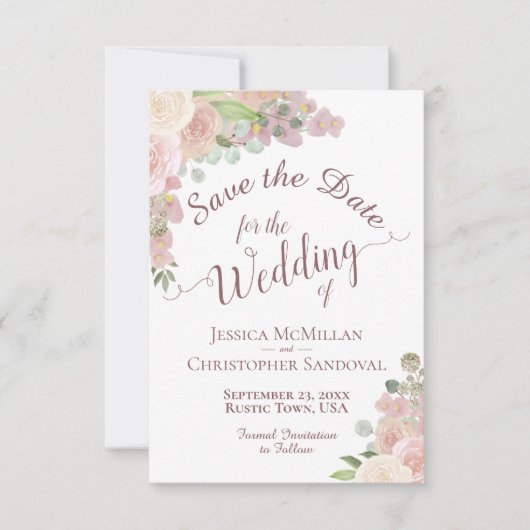 エレガント赤面ピンクウォーター色フローラボホ結婚ズ セーブザデート (正面)