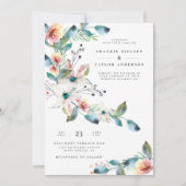 エレガント赤面ピンクウォーター色ボタニッ結婚クス 招待状 (正面)