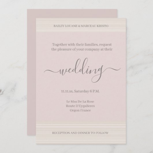 エレガント赤面ピンクウッドグレインストライプズシック結婚ズ 招待状 (正面/裏面)