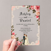 エレガント赤面ピンクカップル夏フローラ結婚ズ アクリル招待状 (インサイチュ (ポータブル))