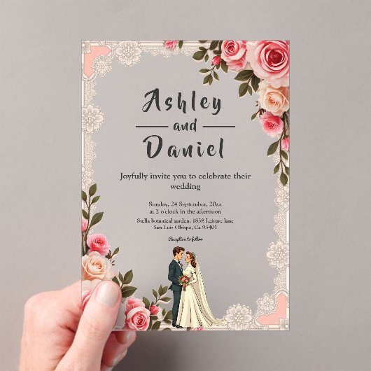 エレガント赤面ピンクカップル夏フローラ結婚ズ アクリル招待状 (インサイチュ (ポータブル))