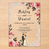 エレガント赤面ピンクカップル夏フローラ結婚ズ アクリル招待状 (正面)