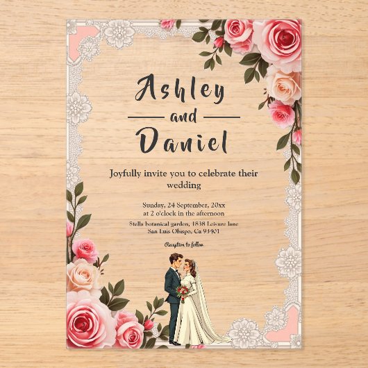 エレガント赤面ピンクカップル夏フローラ結婚ズ アクリル招待状 (正面)