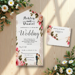 エレガント赤面ピンクカップル夏フローラ結婚ズ オールインワン招待状