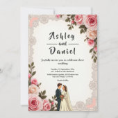 エレガント赤面ピンクカップル夏フローラ結婚ズ 招待状 (正面)