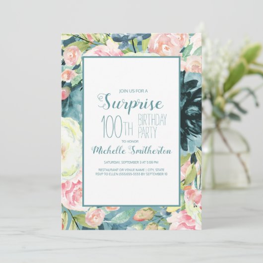 エレガント赤面ピンククリームティール(緑がかった色)100誕生日 招待状 (スタンド正面)