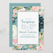 エレガント赤面ピンククリームティール(緑がかった色)100誕生日 招待状 (正面/裏面)