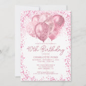 エレガント赤面ピンクグリッターグラムバルーン誕生日 招待状 (正面)